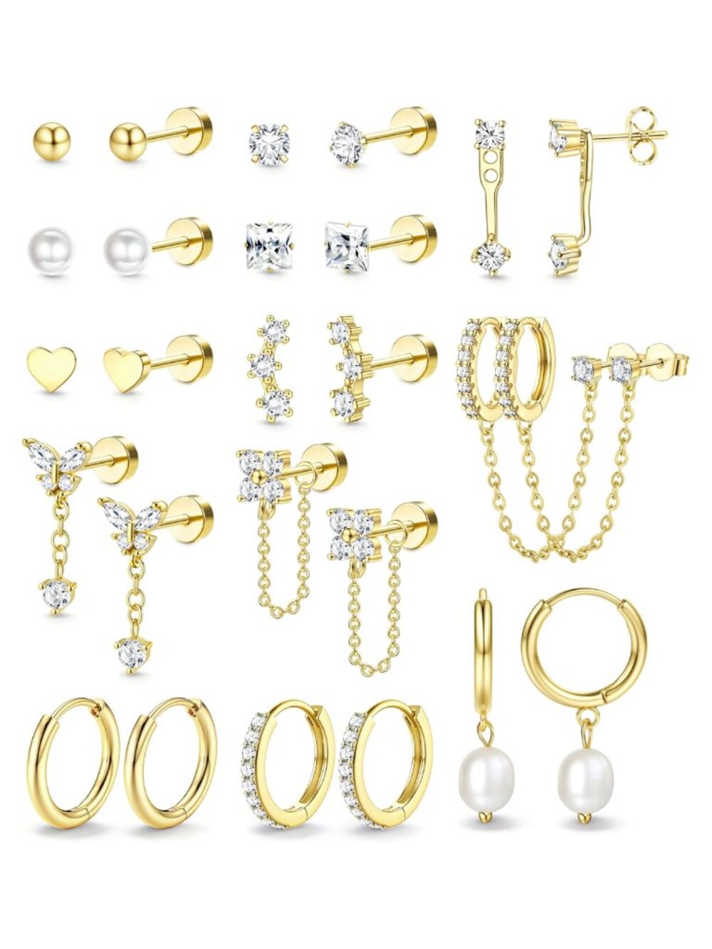 Hypoallergenic Flat Back Earrings Set Surgical Stainless Steel 14K Gold Plated